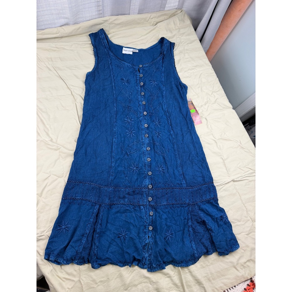 Raya Sun Blue Embroidered Button Front short Dress Plus Size 1X Boho Sleeveless